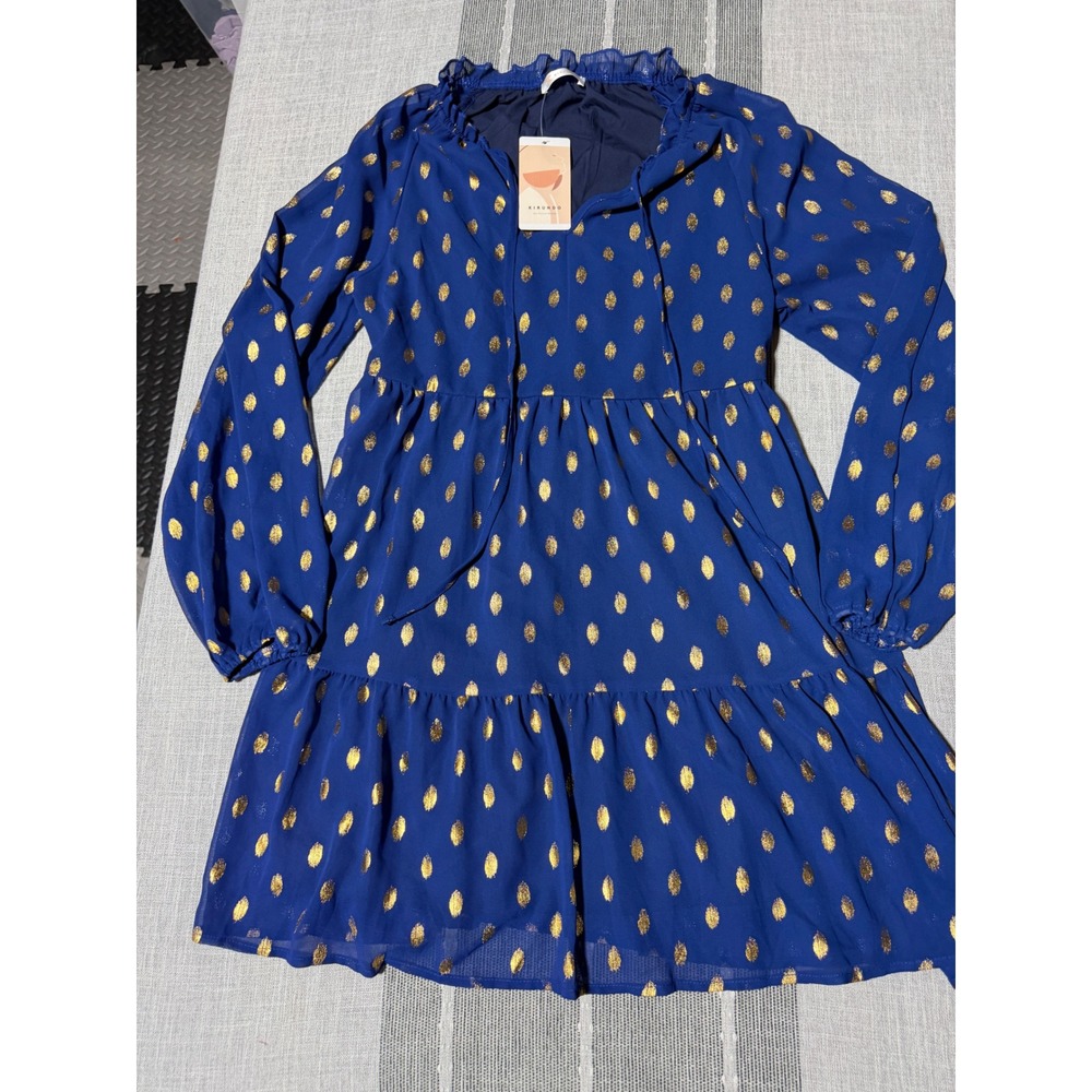 KIRUNDO Womens Blue Gold Metallic Polka Dot Tiered Chiffon Mini Dress Small NWT